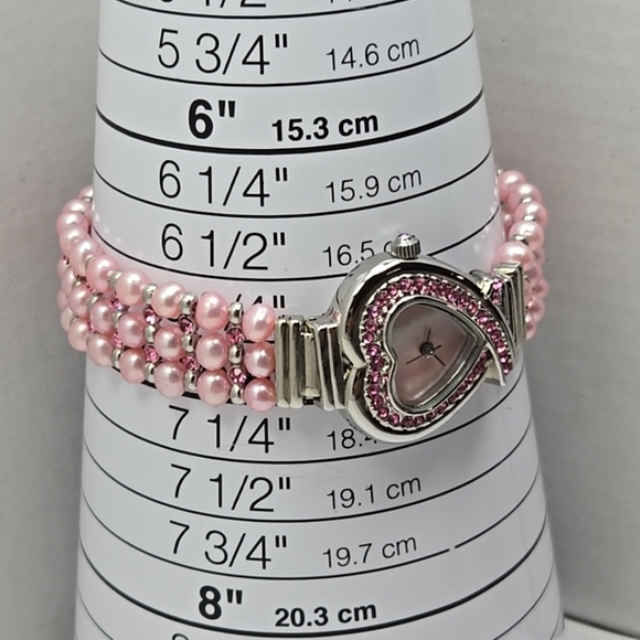 Womens Watch 24mm Heart Faux Pearls Crystals Bracelet Pink Mother Of Pearl Runs main image 6